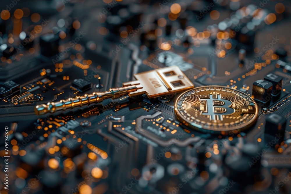 Poster A bitcoin sitting on top of a computer motherboard. Ideal for technology concepts