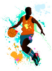 Basketball player with ball, blots, and splashes. Silhouette of an athlete against the background of multi-colored spots and colorful splashes