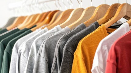 Row of shirts hanging on a clothes rack, ideal for fashion blogs or retail websites