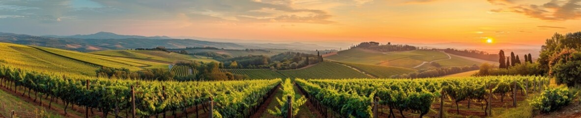 The painting captures the serene beauty of a vibrant sunset casting warm hues over a lush vineyard, where rows of grapevines stretch into the distance under the colorful sky