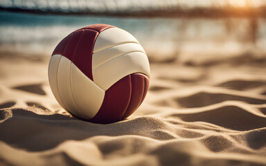 A volleyball in the sand, symbolizing teamwork and summer, with a defocused beach volleyball court...