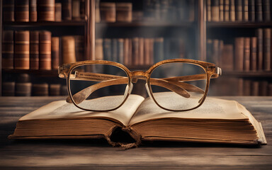 A weathered book open to a page with glasses resting on top, symbolizing knowledge and study, with a blurred library setting in the background - obrazy, fototapety, plakaty