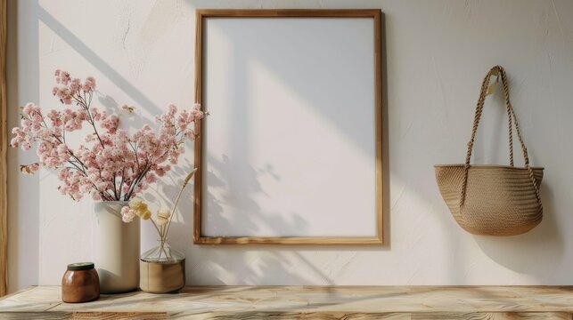 A picture frame hanging on a wall next to a vase of flowers. Suitable for interior design concepts