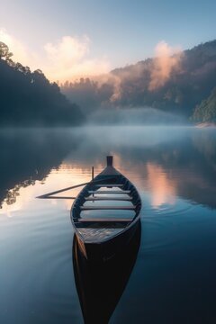A serene image of a boat floating on calm water. Suitable for various design projects