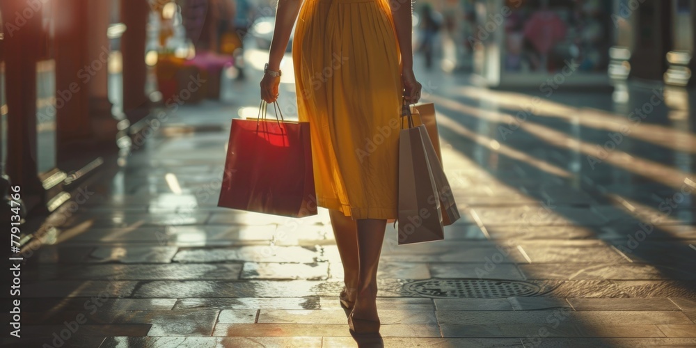 Sticker A woman in a yellow dress carrying shopping bags, perfect for retail concepts