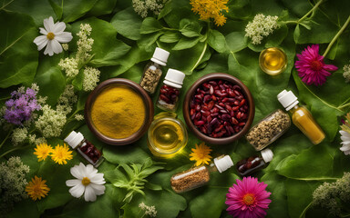 Assorted natural herbal and vitamin supplements on vibrant green leaves and wildflowers - obrazy, fototapety, plakaty