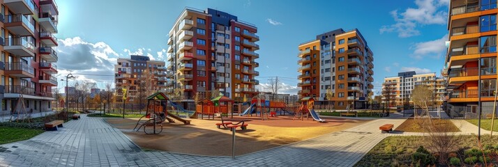 Amidst the bustling city, a vibrant playground attracts children and families. Swings soar, slides wind, and laughter fills the air - obrazy, fototapety, plakaty