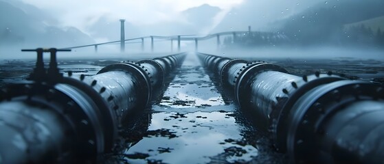 Harmony of Hydraulics: Rhythms of Pipelines in Misty Terrain. Concept Hydraulic Systems, Pipeline Infrastructure, Misty Environment, Rhythmic Patterns