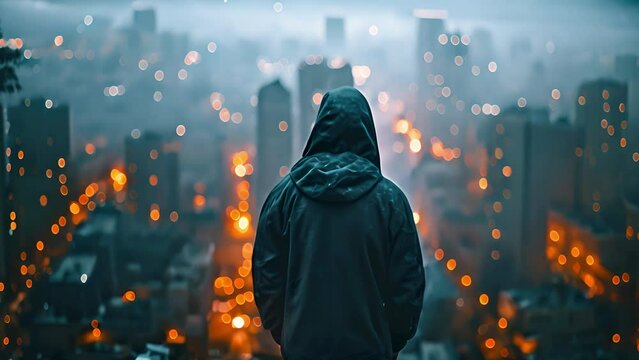 Faceless man from behind in hoodie looks at night city from roof of skyscraper