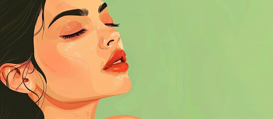 An artistic closeup of a womans face with her eyes closed, showcasing red lips and long eyelashes. Her happy smile, ear, neck, jawline, and gesture are beautifully captured in this artistic piece