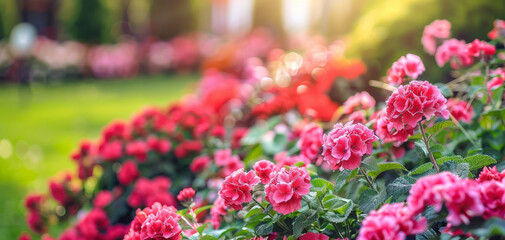 Obraz premium Pink flowers close up. Bouquet of red flowers. City flower beds, a beautiful and well-groomed garden with flowering bushes created with Generative AI technology