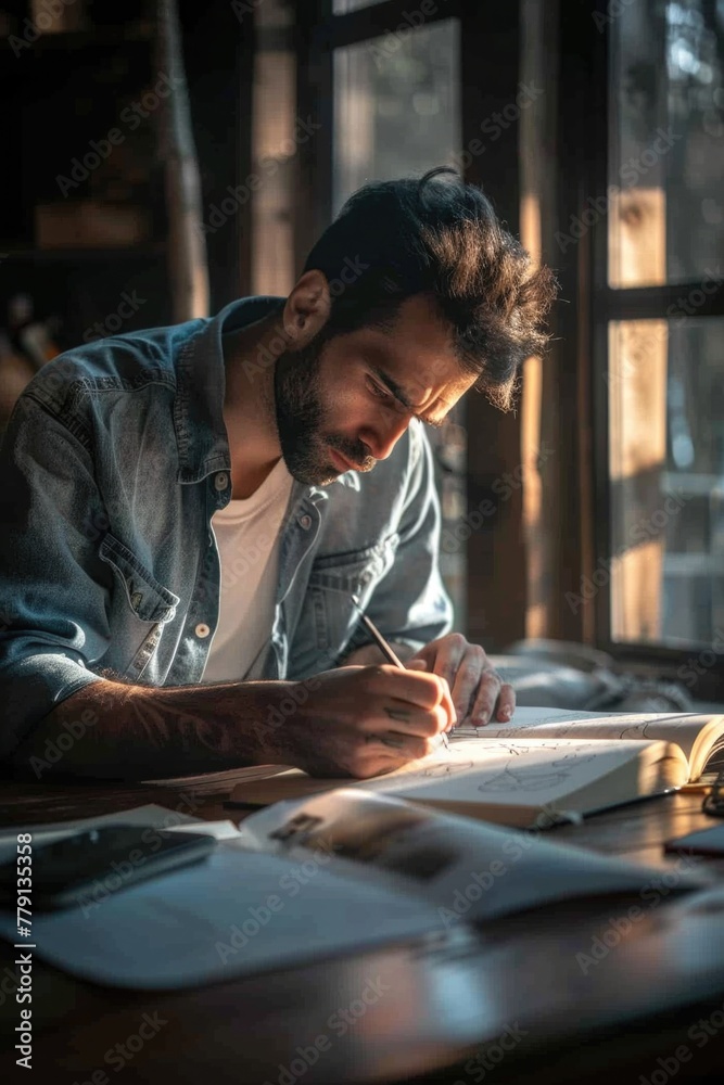 Poster a man sitting at a table writing on a piece of paper. suitable for business and education concepts