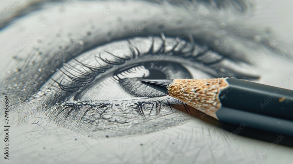 Poster close up of a pencil and a drawing of an eye. suitable for art and creativity concepts