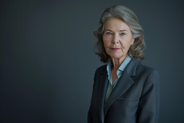 A woman with gray hair is wearing a grey suit