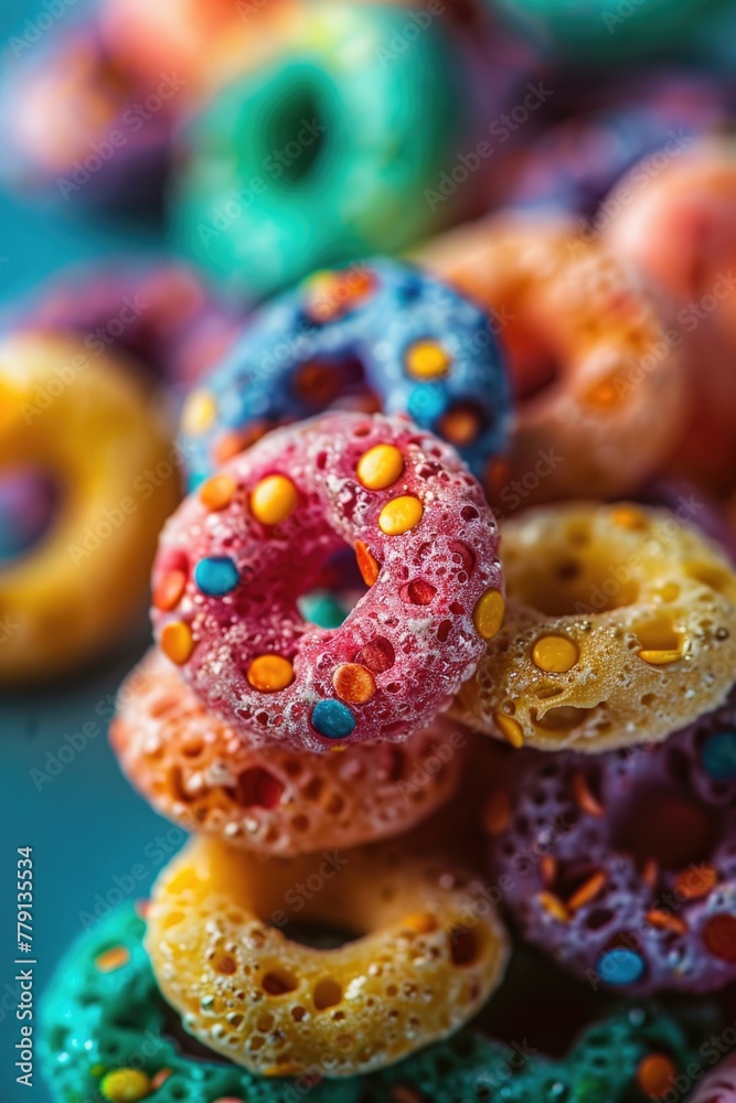 Poster a pile of delicious and colorful donuts with sprinkles. perfect for bakery or dessert concepts