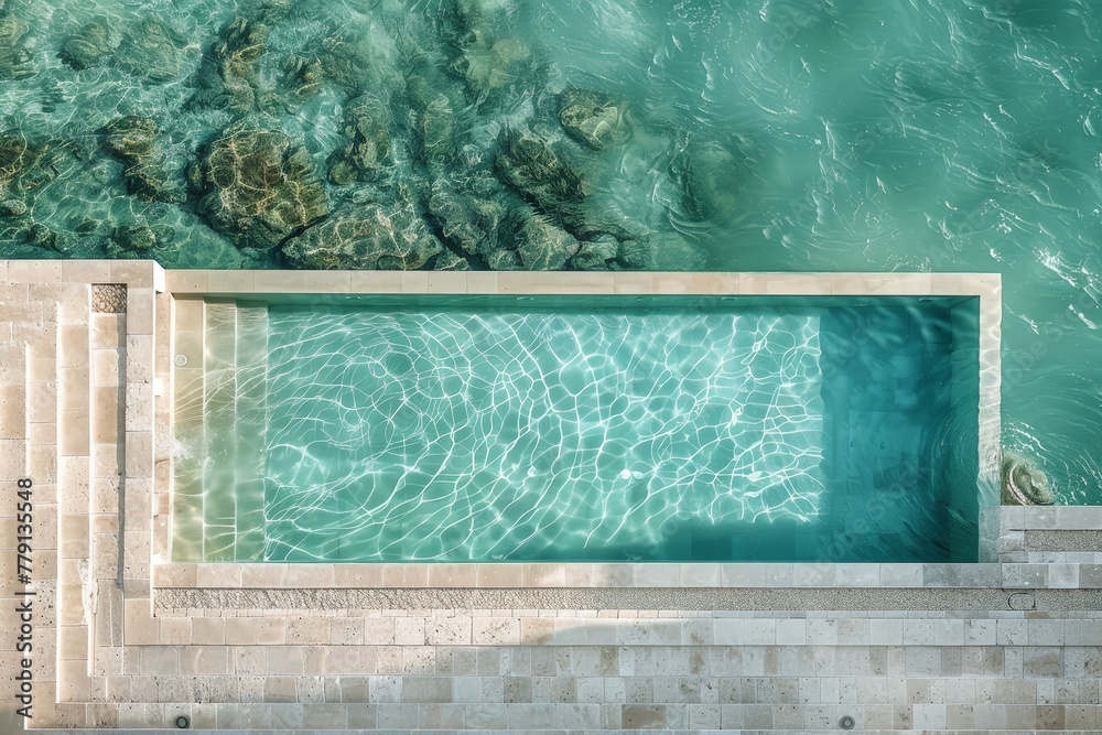 Wall mural A unique perspective showcases a swimming pool with inviting steps leading to crystal clear waters, surrounded by lush greenery under the vast sky