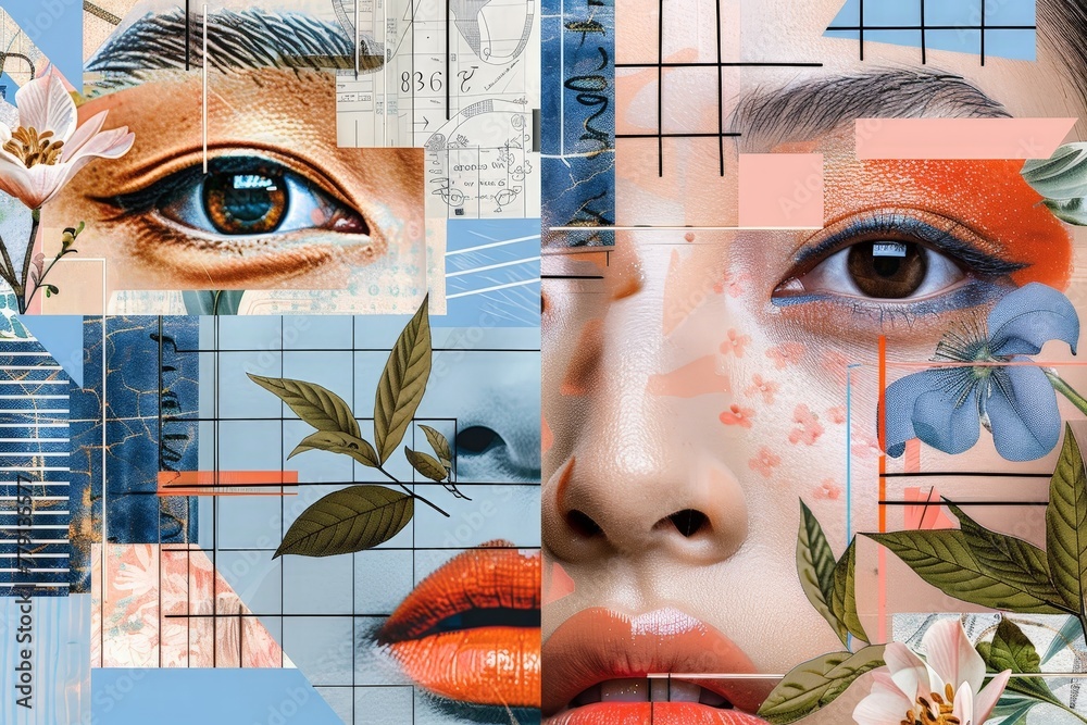 Poster a stunning collage showcasing the intricate beauty of a womans face intertwined with vibrant and del