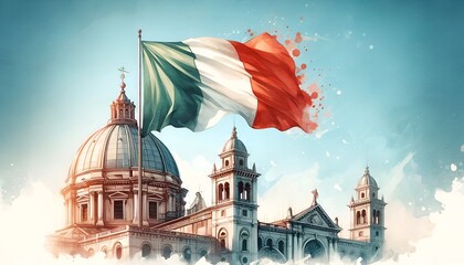 Watercolor illustration of the italian flag fluttering over dome in rome for liberation day in italy.