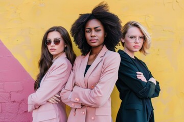 Obraz premium Three Women Standing in Front of a Yellow Wall