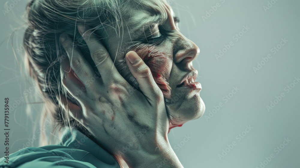 Poster close up of a person holding a cell phone to their face. perfect for technology and communication co