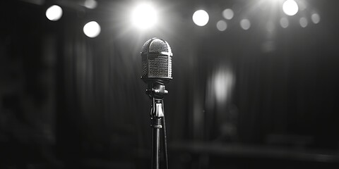 Classic black and white image of a microphone, perfect for music industry projects - obrazy, fototapety, plakaty