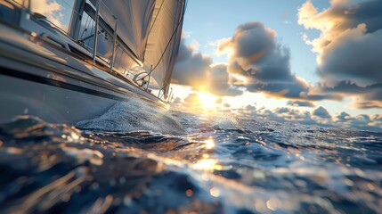 Ultra realistic close up of yacht sailing near tropical islands in hyper realism