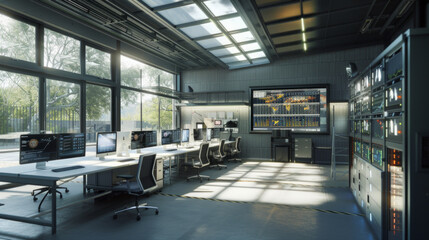 Fototapeta premium A cutting-edge renewable energy consulting firm with renewable energy project managers' workstations and project management software, momentarily quiet but ready to manage renewable energy projects