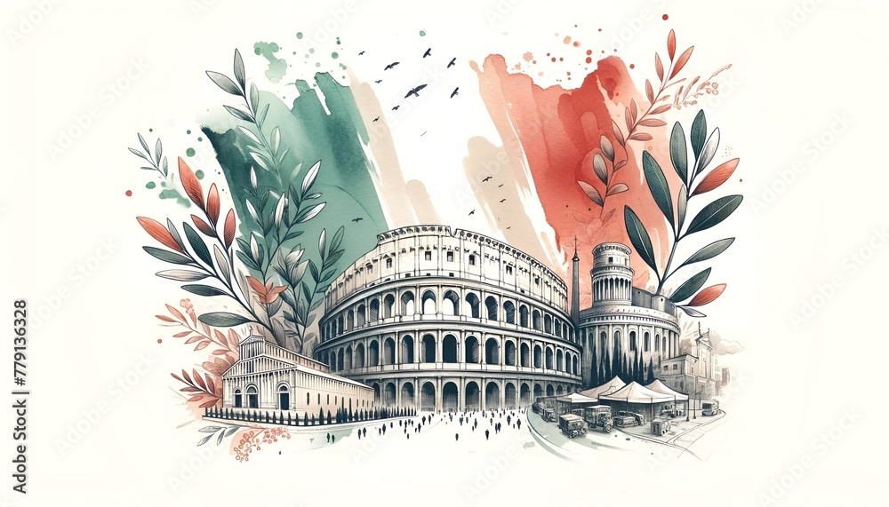 Wall mural Italy liberation day watercolor background with symbols.