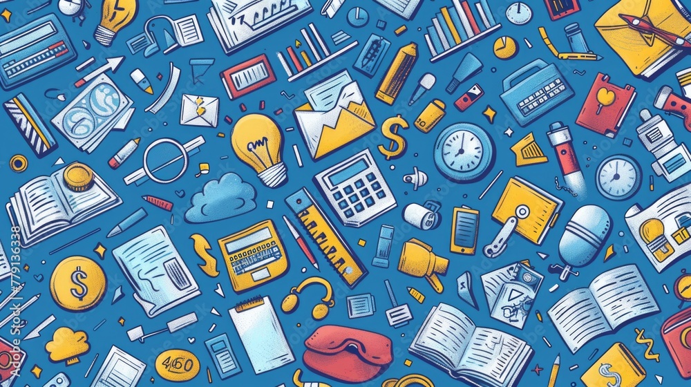 Poster various objects on a blue backdrop, ideal for product showcasing