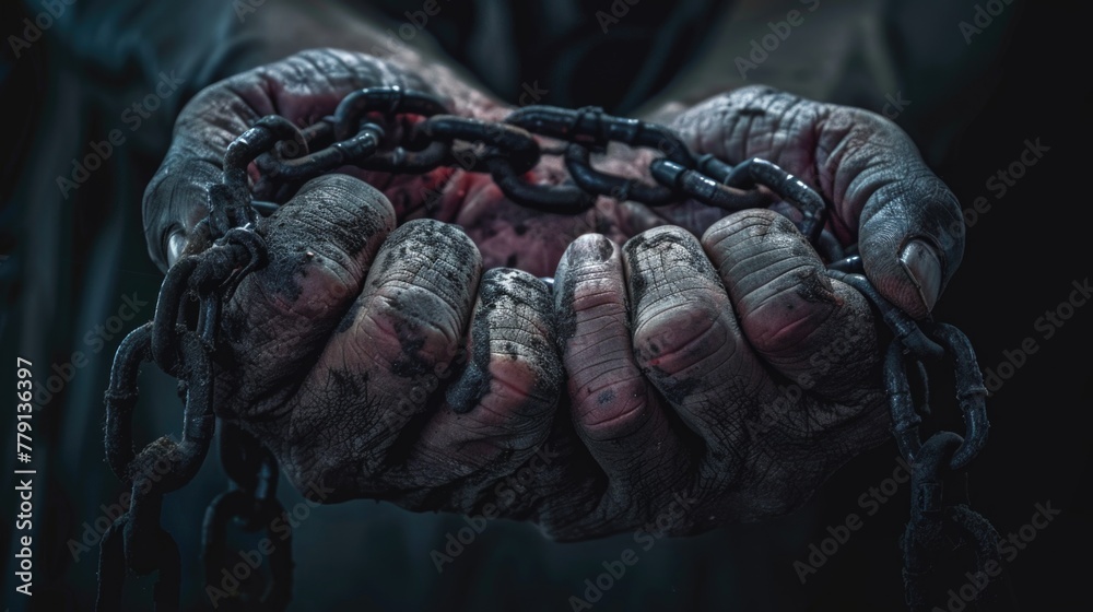 Poster A close-up image of a person holding a chain. Suitable for various concepts and designs
