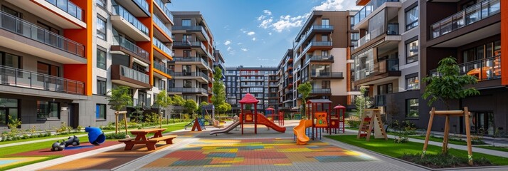 A vibrant and colorful childrens play area in an apartment complex, filled with slides, swings, climbing structures, and kids playing joyfully - obrazy, fototapety, plakaty