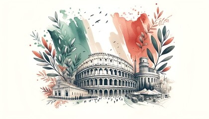 Italy liberation day watercolor background with symbols. - obrazy, fototapety, plakaty