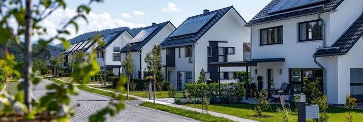 A row of charming houses adorned with solar panels on their roofs, harnessing the power of the sun to generate sustainable energy