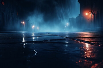Naklejka premium Mysterious glowing light in empty dark city street at night 