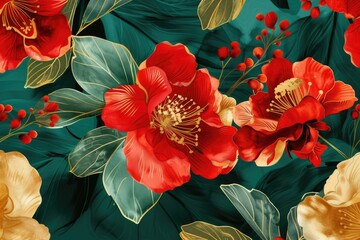 Vibrant red and yellow flowers contrast beautifully against a lush green background. Perfect for floral designs and nature-themed projects