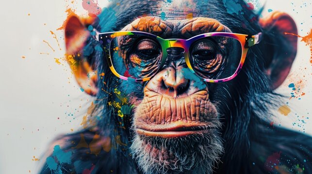 A monkey wearing glasses with colorful paint splatters on its face. Suitable for creative projects