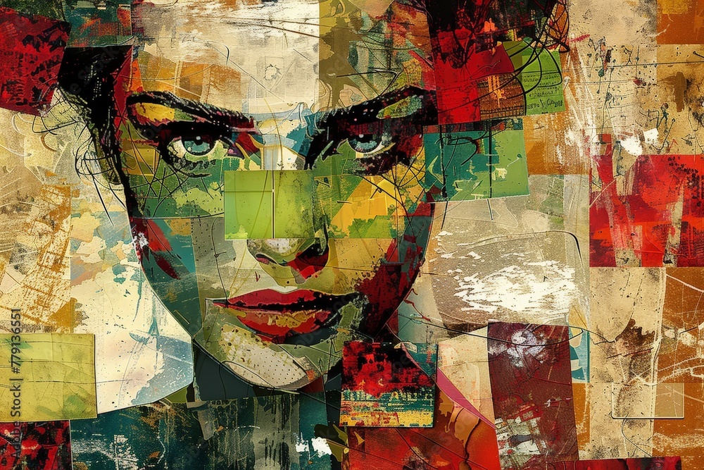 Poster a vibrant painting of a womans face, featuring a kaleidoscope of colors that blend harmoniously to c