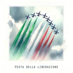 Watercolor illustration of six air jets flying for italy liberation day.
