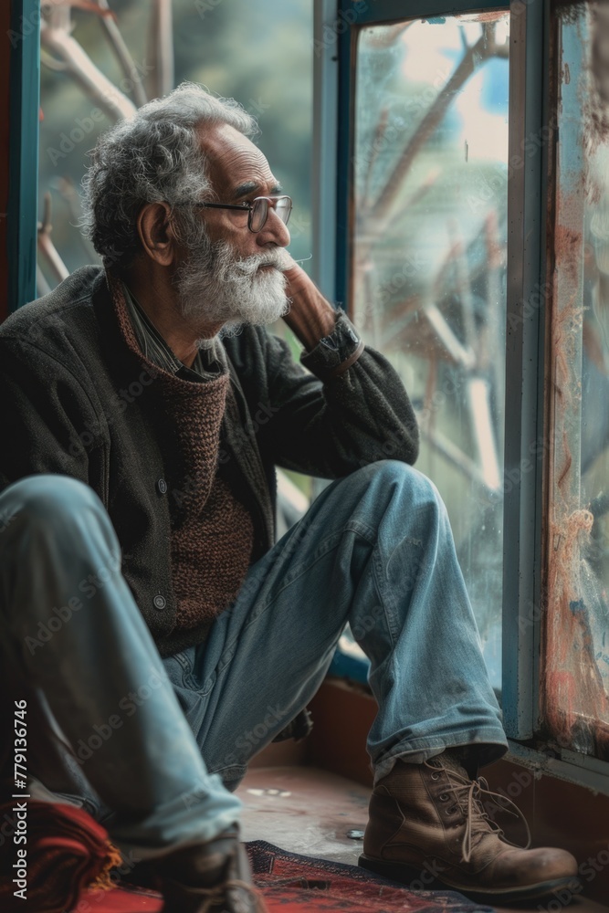 Aufkleber a man sitting on the floor in front of a window. suitable for interior design concepts