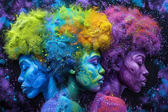 Three colorful faces with painted features and neon hair vividly stand out against the cosmic-like dark background