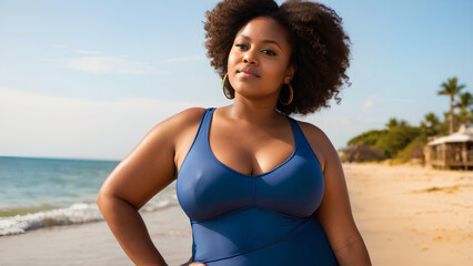 Beautiful african american plus size woman walking on the beach during summer vacations. Overweight people concept