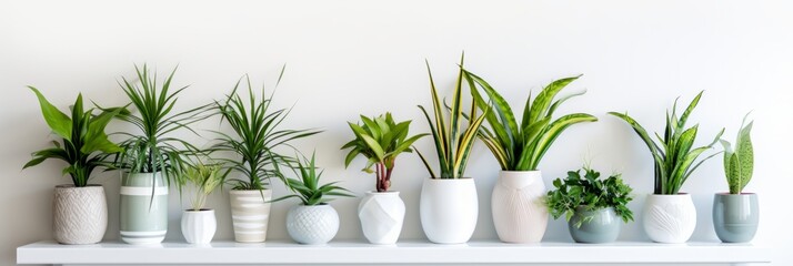 Houseplants displayed in ceramic pots on the white wall. Banner - obrazy, fototapety, plakaty
