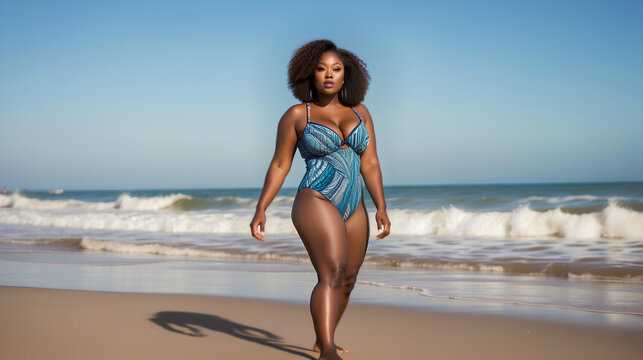 Beautiful african american plus size woman walking on the beach during summer vacations. Overweight people concept