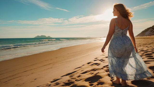 Beautiful  plus size woman walking on the beach during summer vacations. Overweight people concept