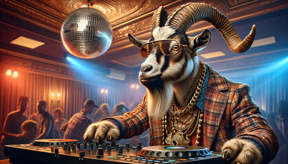 Funky goat as DJ in the nightclub