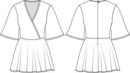 v neck kimono bell sleeve half short 3/4 sleeve zippered mini a line dress flared template technical drawing flat sketch cad mockup fashion woman design style model
