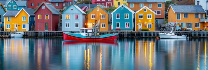 Vibrant rainbow colored houses and fishing boats in crystal clear waters of lofoten islands - obrazy, fototapety, plakaty
