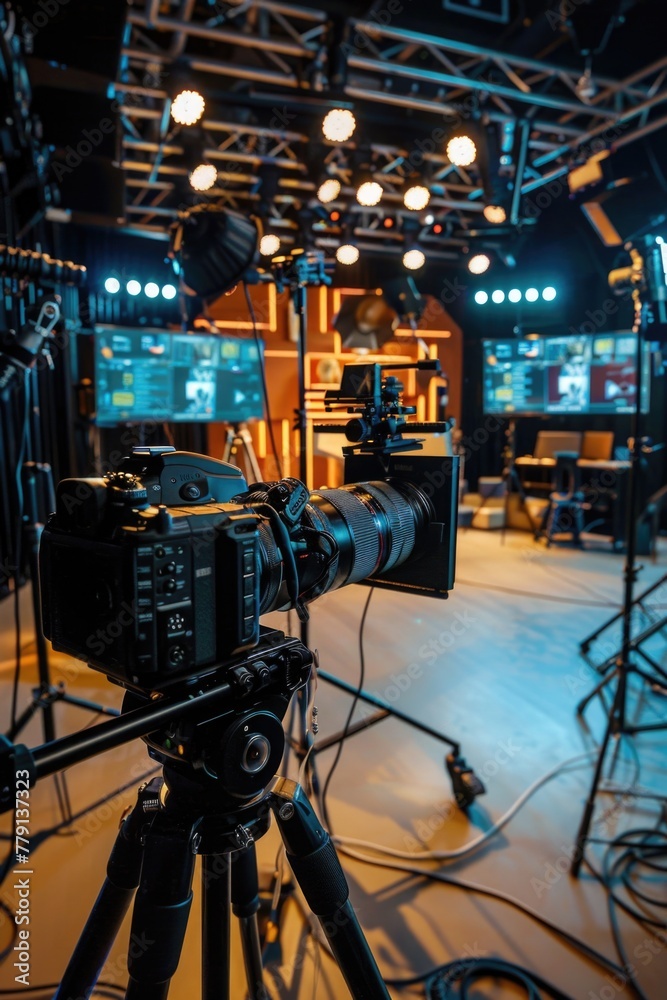 Poster Professional camera set up on tripod in recording studio. Ideal for music production or video recording projects