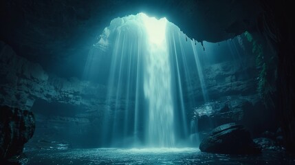 Breathtaking cinematic shot of massive cave with waterfall in dramatic single light setting - obrazy, fototapety, plakaty
