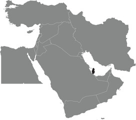 Naklejka premium Black detailed blank political map of QATAR with white borders on transparent background using orthographic projection of the gray Middle East